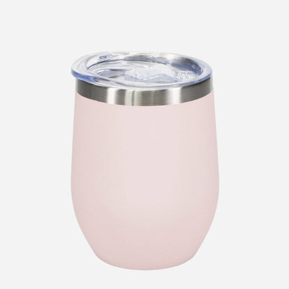 Pink insulated tumbler with a silver rim on a white background