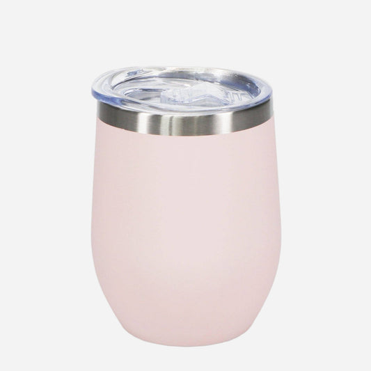 Pink insulated tumbler with a silver rim on a white background