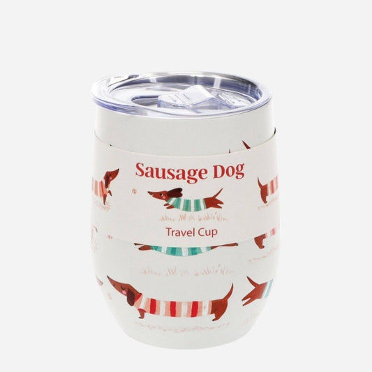 White travel cup with happy sausage dog pattern