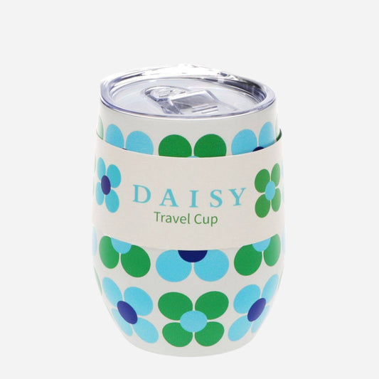 Beautiful white travel cup with green and blue daisy print and clear plastic lid with hole for sipping or straw.