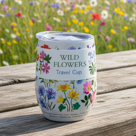 white travel cup with plastic lid decorated with wild flowers