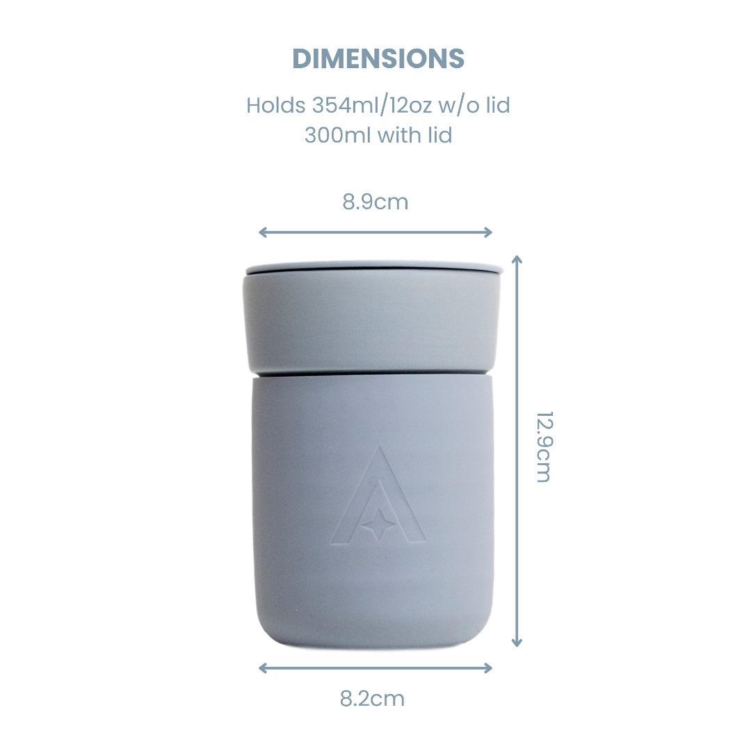 Gray tumbler with dimensions labeled on a white background