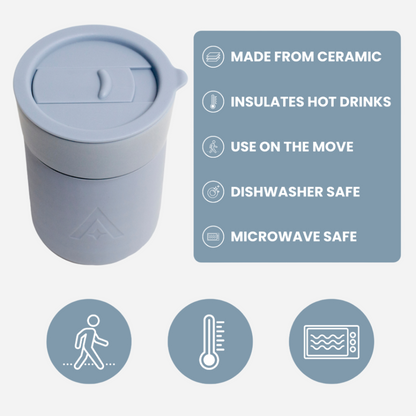 Ceramic travel mug with features listed on a blue background