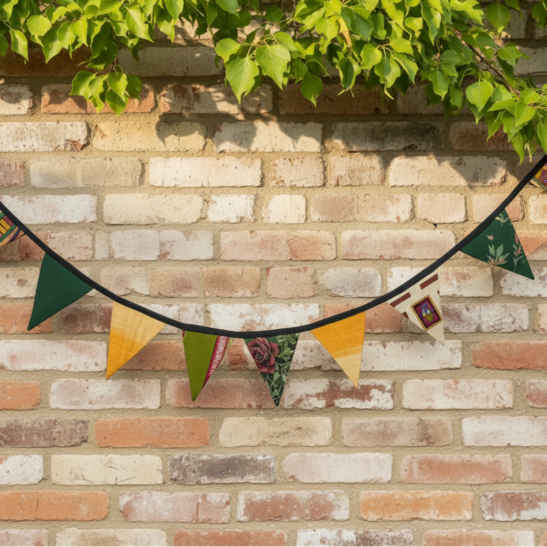 Decorative bunting with colorful triangular flags on a brick wall background