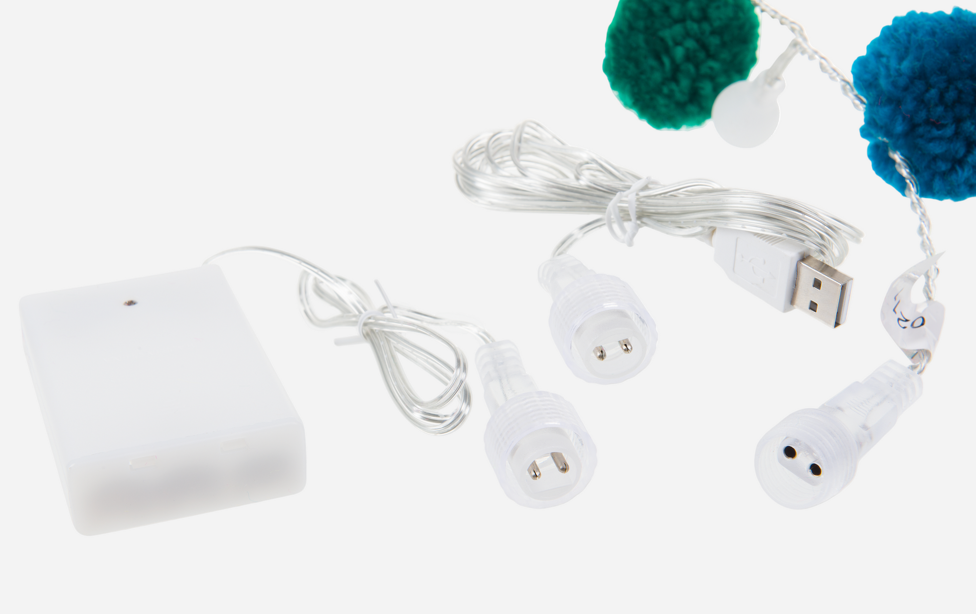 Battery and usb power String lights with white bulbs on a white background