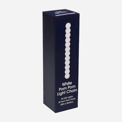 Box of White Pom Pom Light Chain on a white background