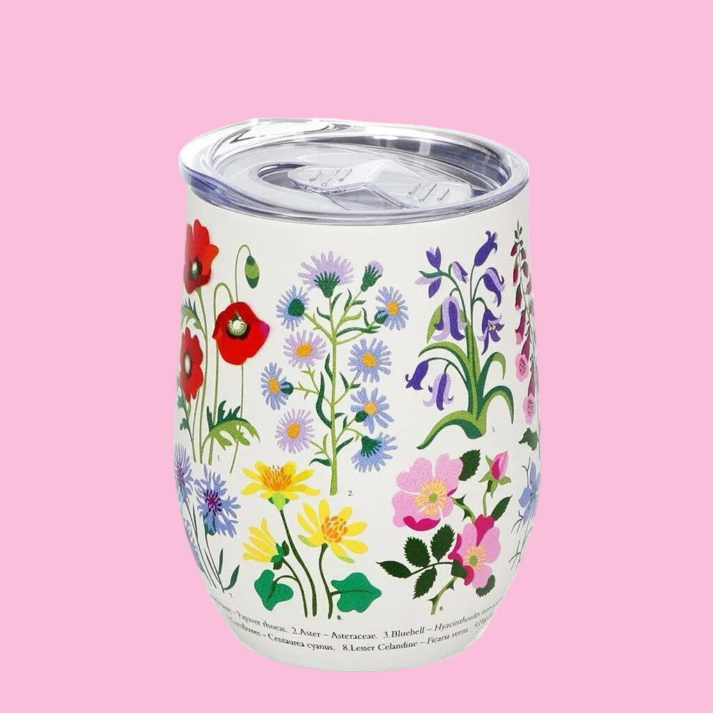 white travel mug with wild flowers design on pink background