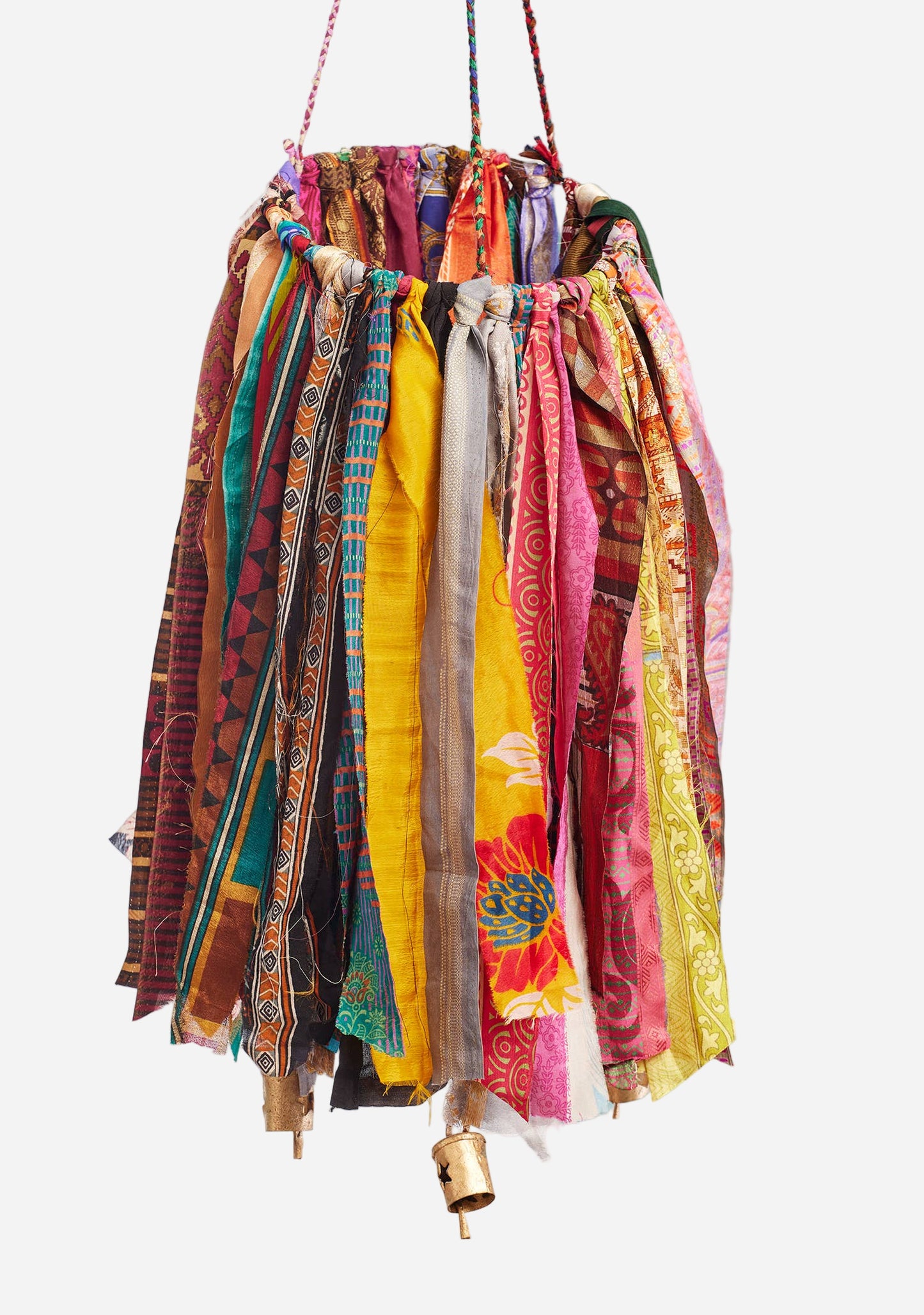 Colorful fabric windchime with little brass bells.