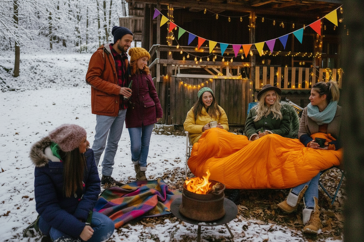 Group of people around a campfire in winter with a person lying in an orange sleeping bag in a rustic outdoor setting.