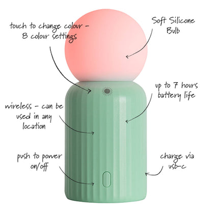 Green lamp with pink silicone bulb, labeled features on a white background
