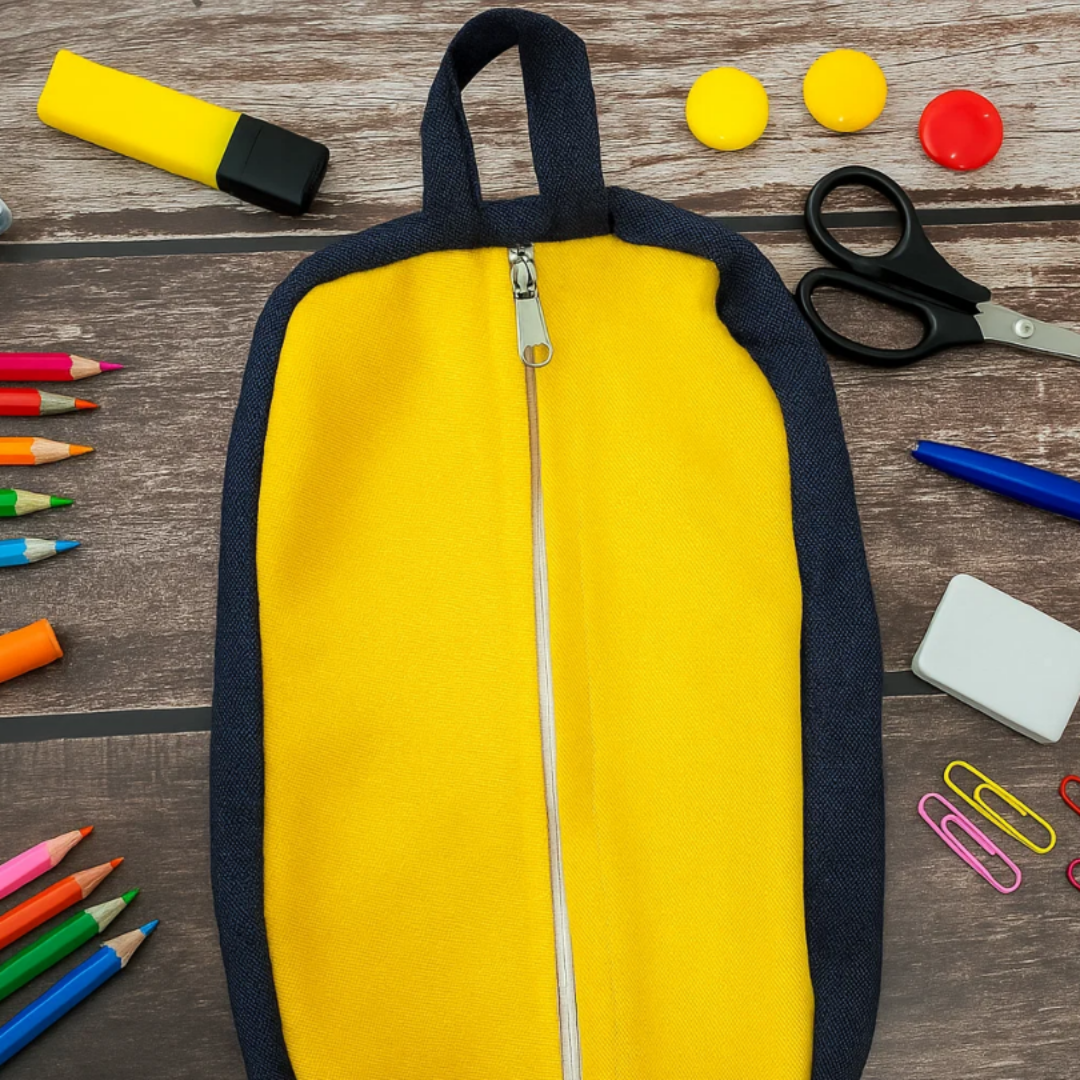Yellow pouch with navy trim and central zip surrounded by school supplies on a wooden surface